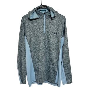 Huk Mens Icon‎ X Coldfront Hoodie 1/4 Zip Grey Blue Fishing Performance L